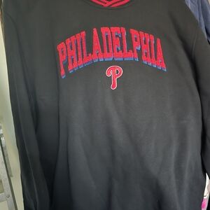 New Era Phillies Black Crewneck Sweater with Red and Blue Accents